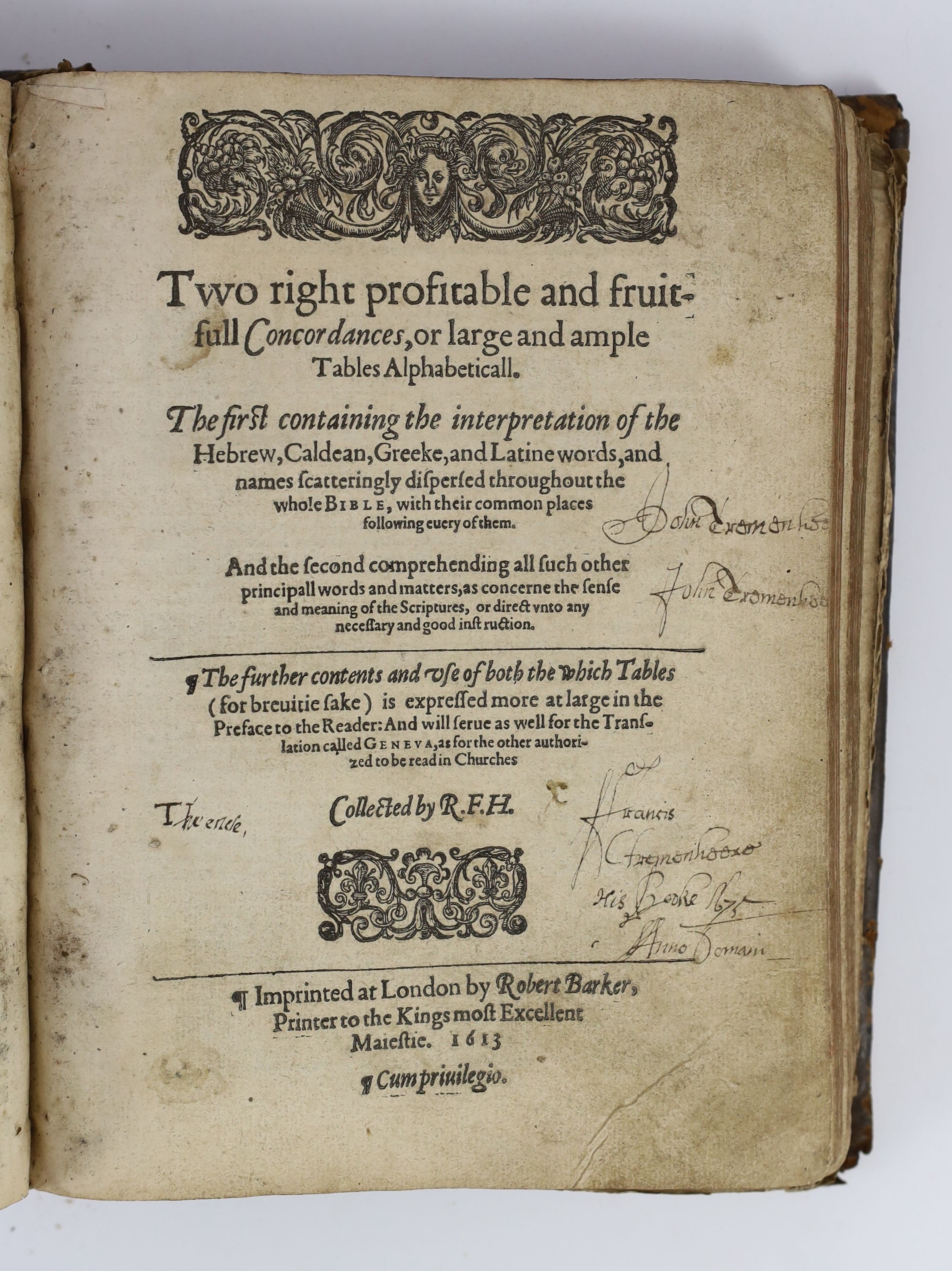 The Bible in English, 4to, calf, lacking first page of The Communion, bound with The Psalmes, The New Testament, The Whole Booke of Psalmes and Concordances (1613) half of p. 244 of Proverbs and of The Names and Order of